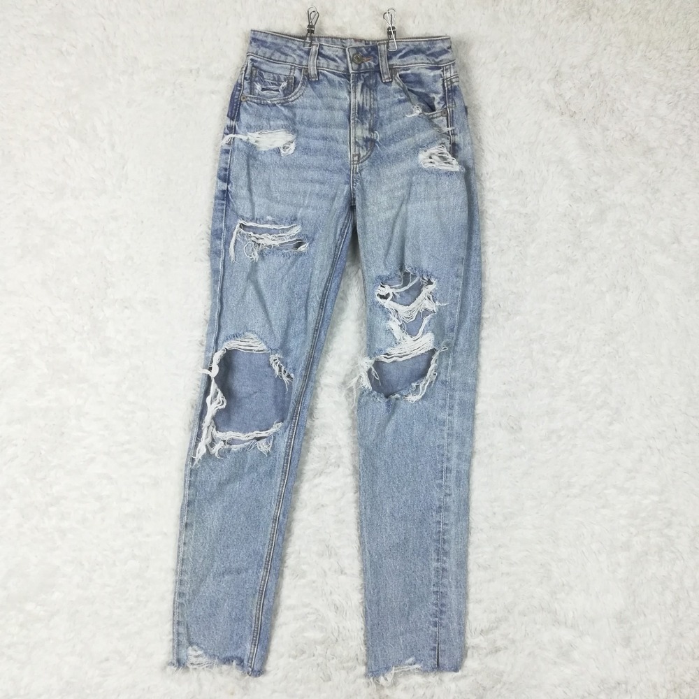 American Eagle Womens Mom Jeans Blue Denim Strigid Destroyed Light Wash 00